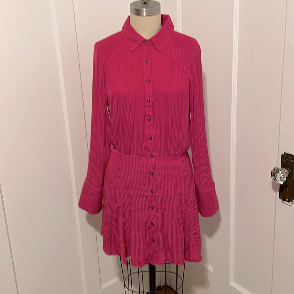 Hot pink, pinstripe, S/P, button down, long sleeve, free people, dress